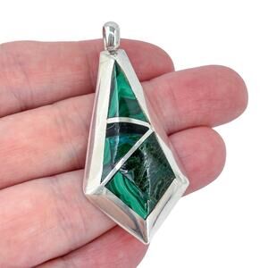 Malachite Inlay Diamond Shape Pendant | Vintage Buffalo Hallmark Sterling Silver